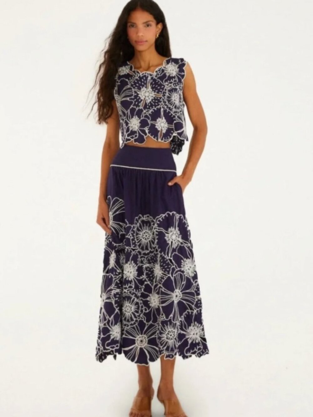 FARM Rio Navy/White Richelieu Eyelet Floral Maxi Skirt & Top Set 2 piece XS NWT